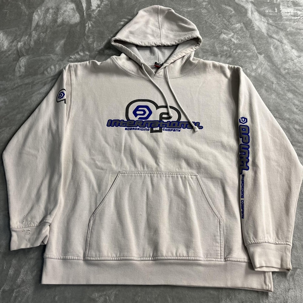 Y2K Op Hoodie L Beige Pullover International Boardriding Co Graphic Surf Skate